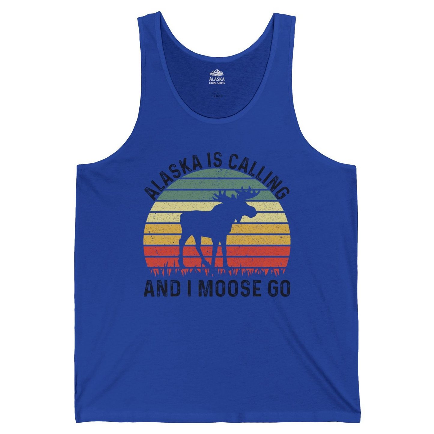 Alaska Is Calling And I Moose Go Retro Sunset Moose Graphic Shirt — Tank Top Tank Top – True Royal – Alaska Cruise Shirts