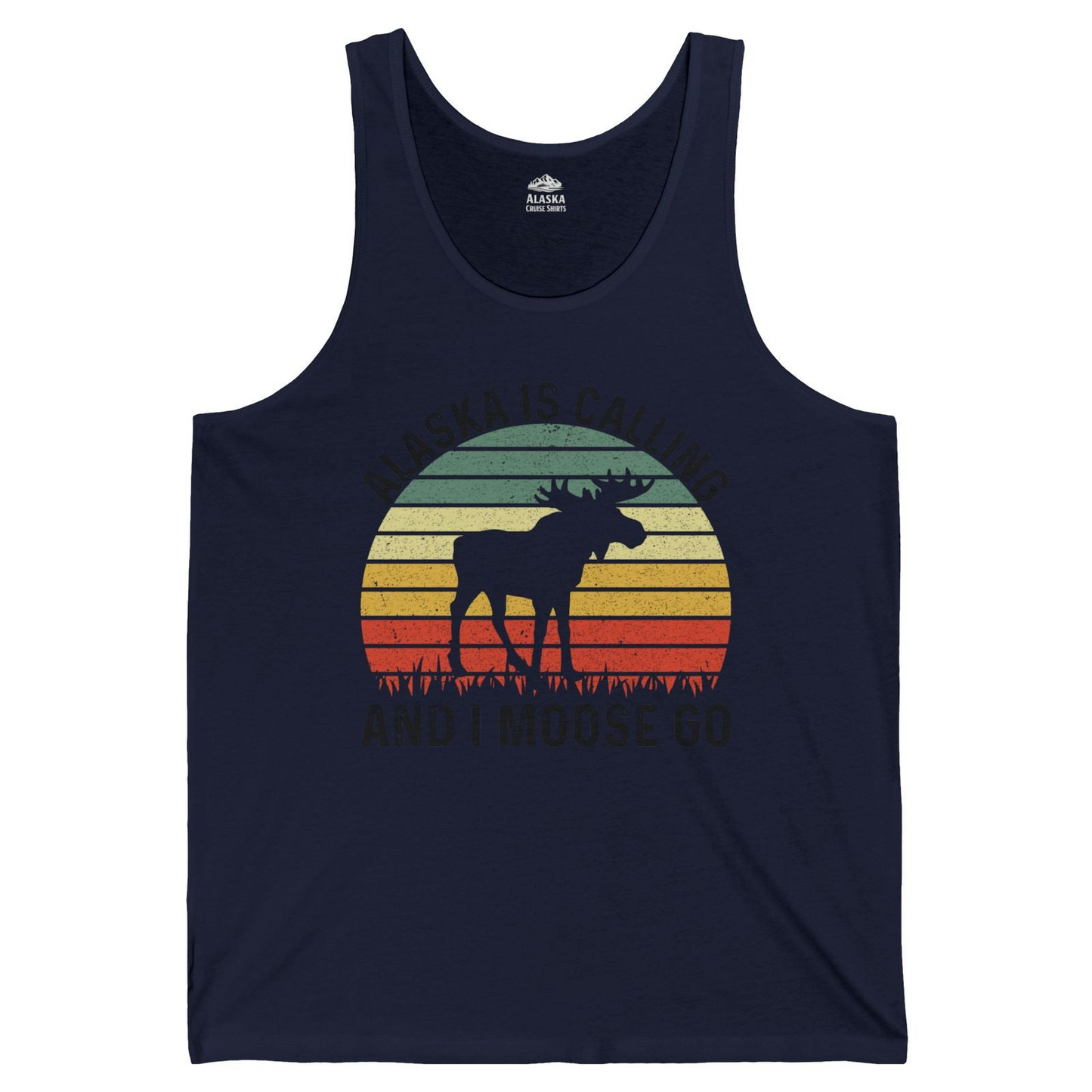 Alaska Is Calling And I Moose Go Retro Sunset Moose Graphic Shirt — Tank Top Tank Top – Navy – Alaska Cruise Shirts