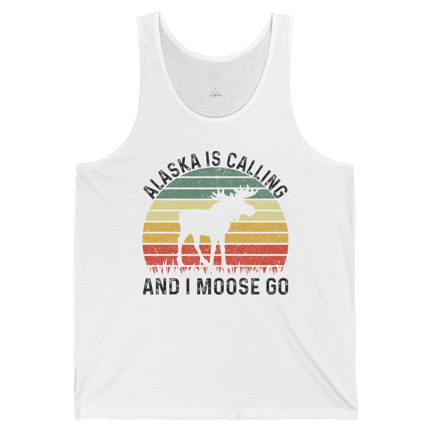Alaska Is Calling And I Moose Go Retro Sunset Moose Graphic Shirt — Tank Top Tank Top – White – Alaska Cruise Shirts