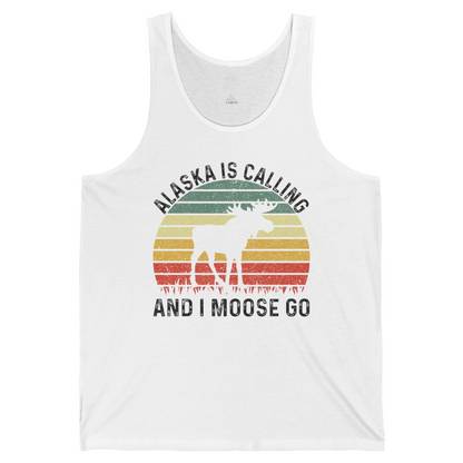 Alaska Is Calling And I Moose Go Retro Sunset Moose Graphic Shirt — Tank Top Tank Top – White – Alaska Cruise Shirts