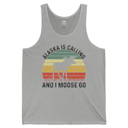 Alaska Is Calling And I Moose Go Retro Sunset Moose Graphic Shirt — Tank Top Tank Top – Athletic Heather – Alaska Cruise Shirts