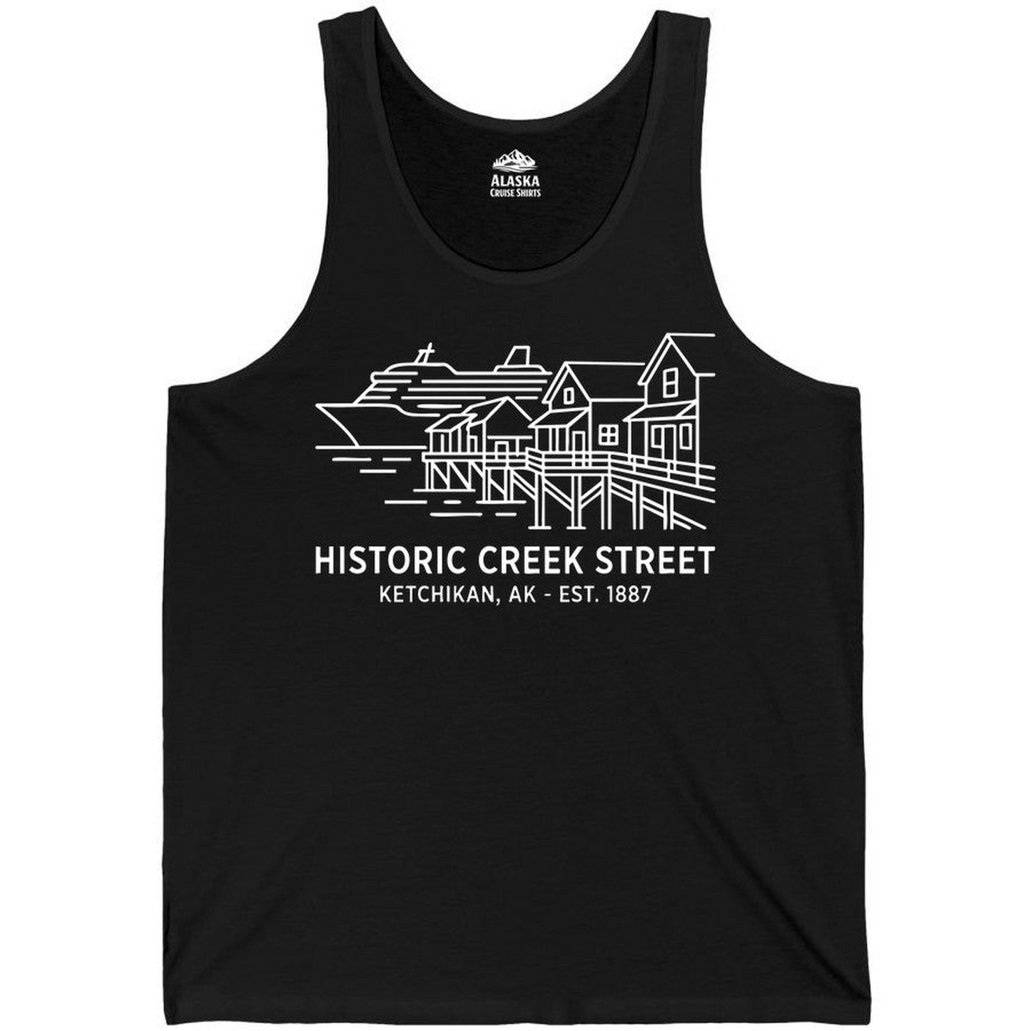 Ketchikan Creek Street Alaska Waterfront and Cruise Ship Shirt — Tank Top Tank Top – Black – Alaska Cruise Shirts