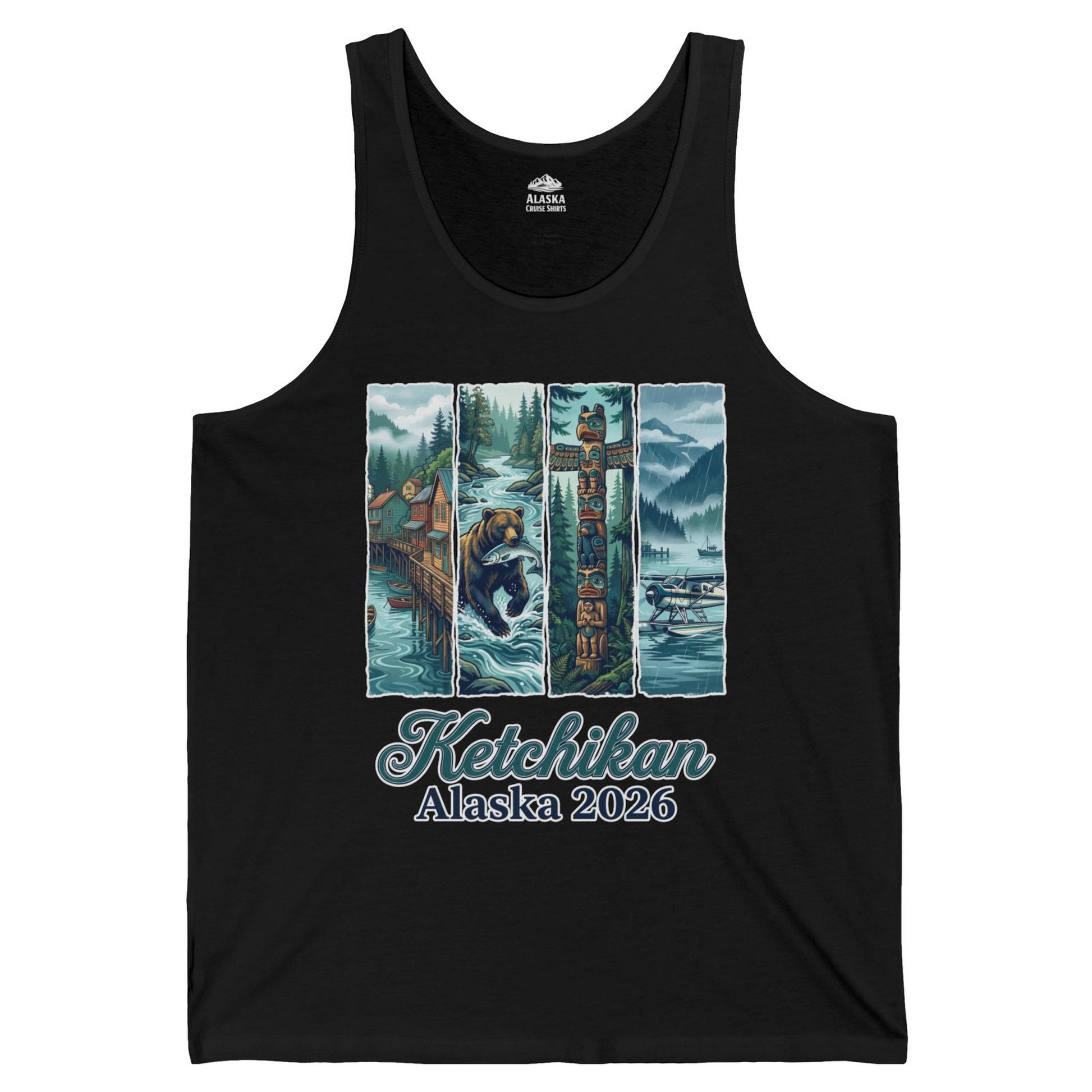 Ketchikan Alaska 2026 Scenic Nature and Totem Pole Art T-Shirt — Tank Top Tank Top – Black – Alaska Cruise Shirts