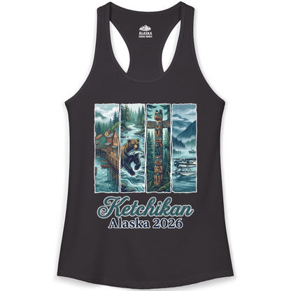 Ketchikan Alaska 2026 Scenic Nature and Totem Pole Art T-Shirt — Ladies Tank Tank Top – Black – Alaska Cruise Shirts