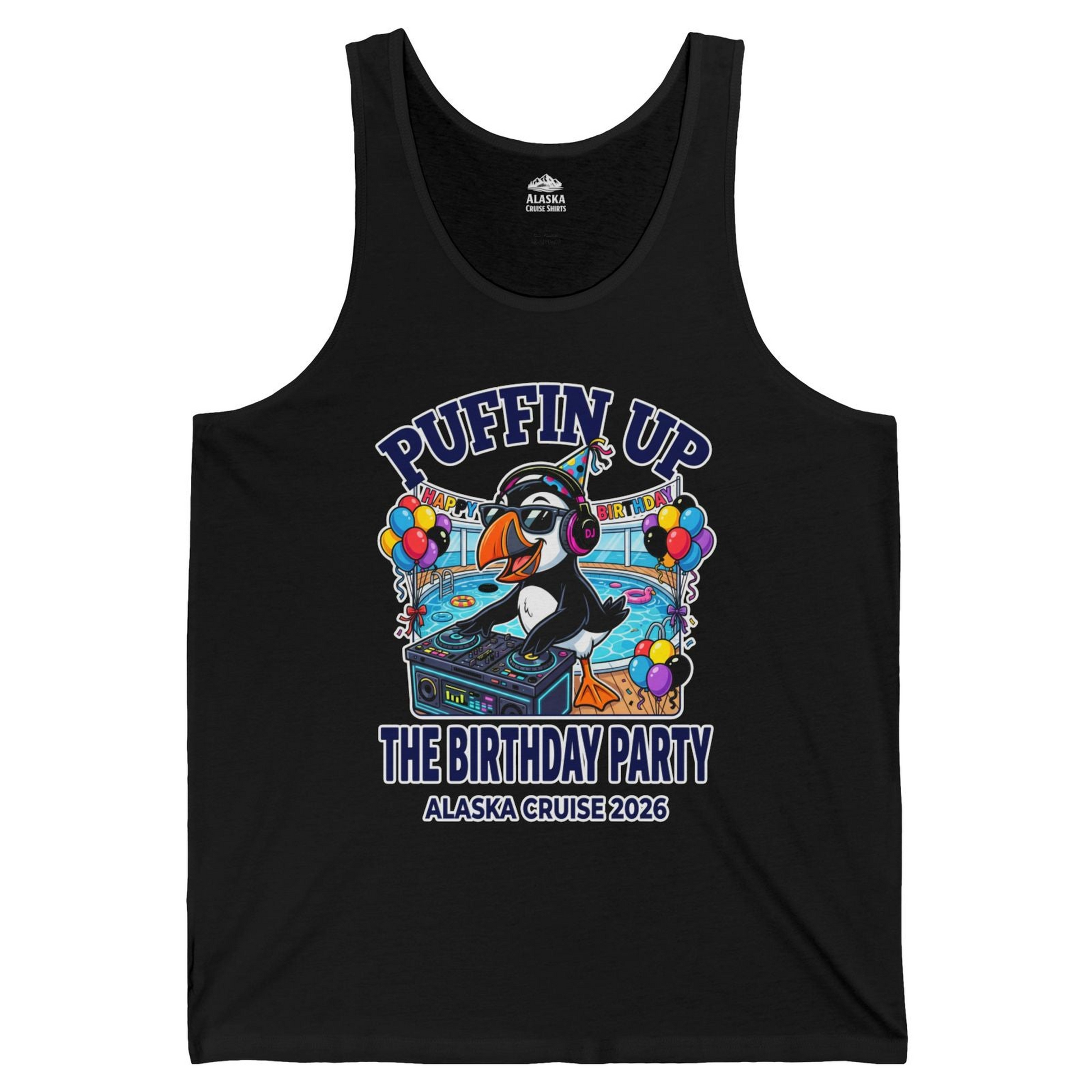 Funny Puffin DJ Birthday Party Alaska Cruise 2026 Shirt — Tank Top Tank Top – Black – Alaska Cruise Shirts
