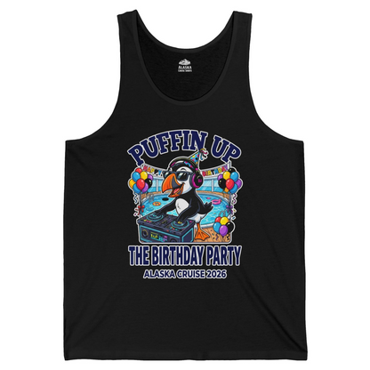 Funny Puffin DJ Birthday Party Alaska Cruise 2026 Shirt — Tank Top Tank Top – Black – Alaska Cruise Shirts