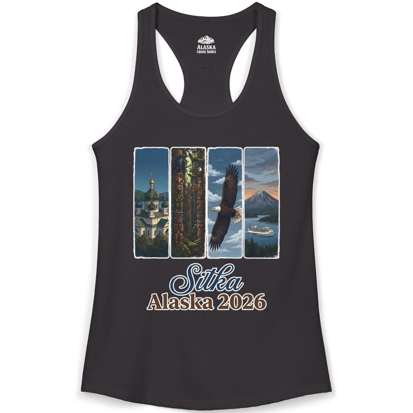 Sitka Alaska 2026 Cruise and Wildlife Souvenir Graphic Shirt — Ladies Tank Tank Top – Black – Alaska Cruise Shirts