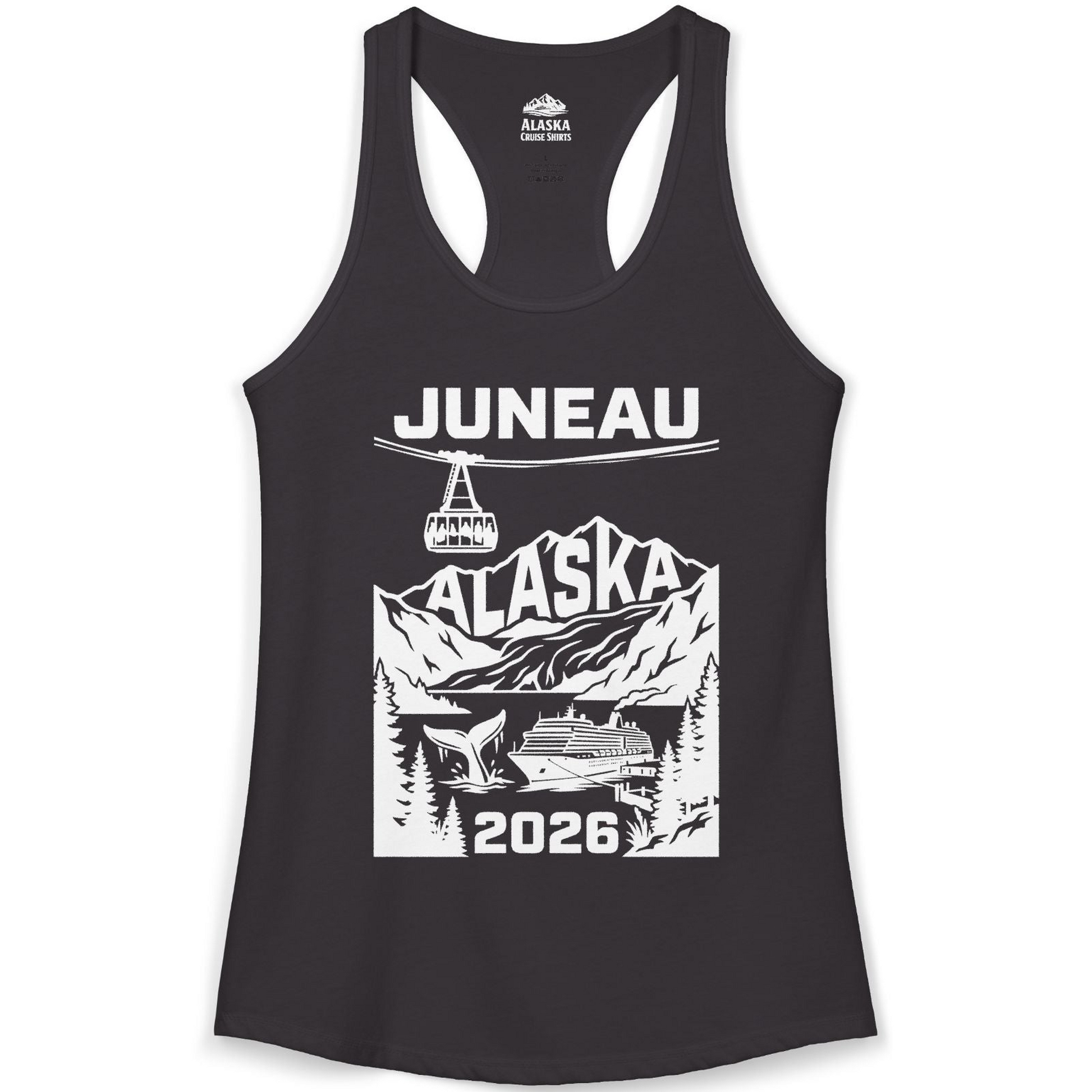 Juneau Alaska Cruise 2026 Scenic Whale and Cable Car Shirt — Ladies Tank Tank Top – Black – Alaska Cruise Shirts