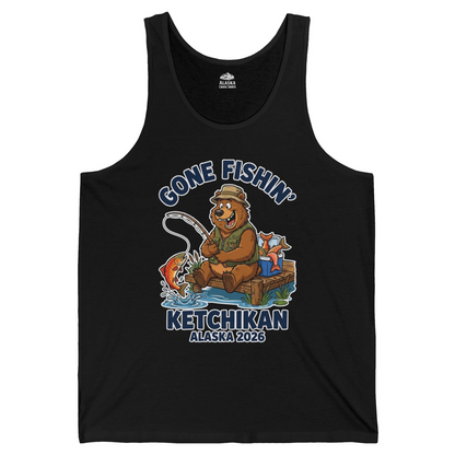 Gone Fishin Ketchikan Alaska 2026 Cartoon Bear Souvenir Shirt — Tank Top Tank Top – Black – Alaska Cruise Shirts