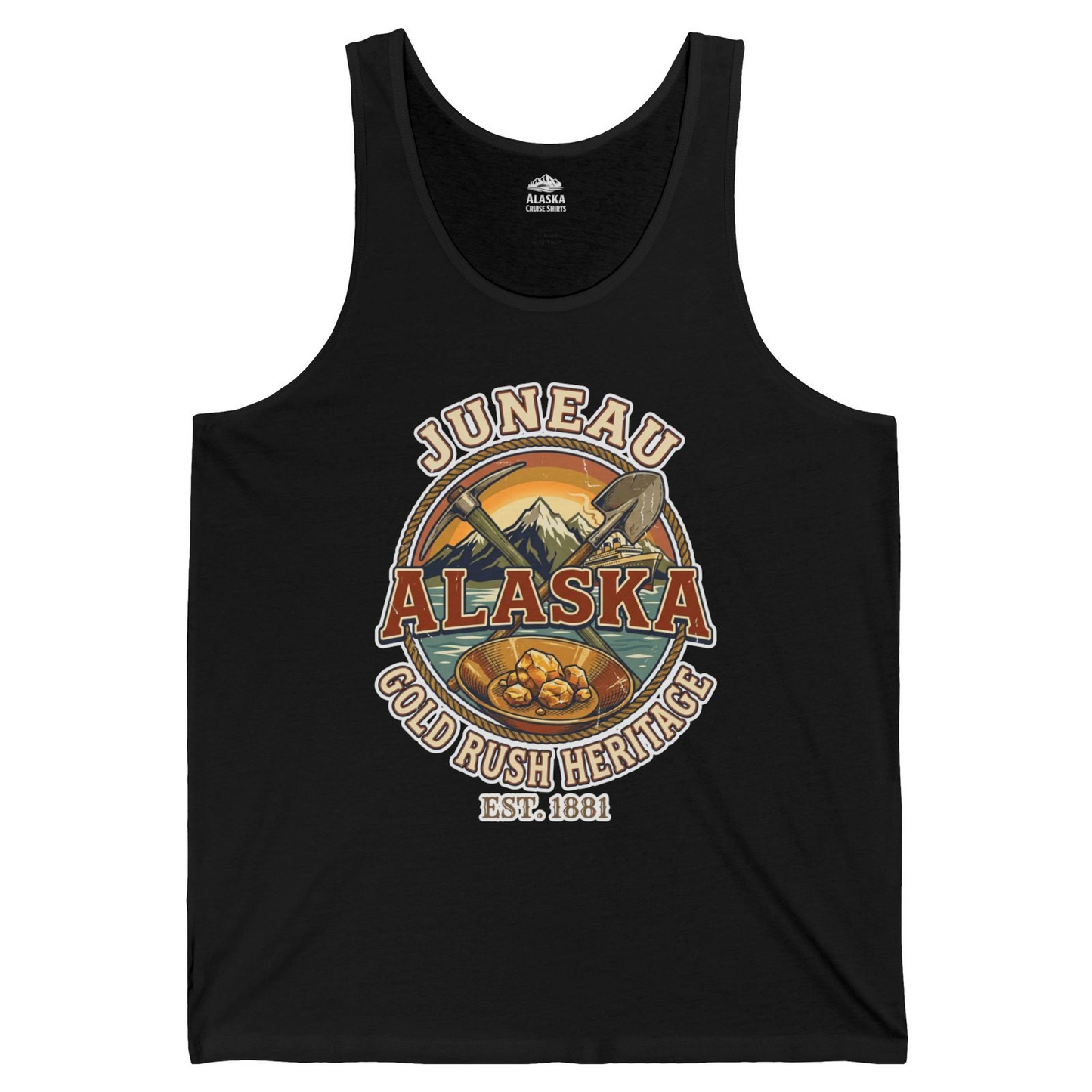 Juneau Alaska Gold Rush Heritage Vintage Travel T-Shirt — Tank Top Tank Top – Black – Alaska Cruise Shirts