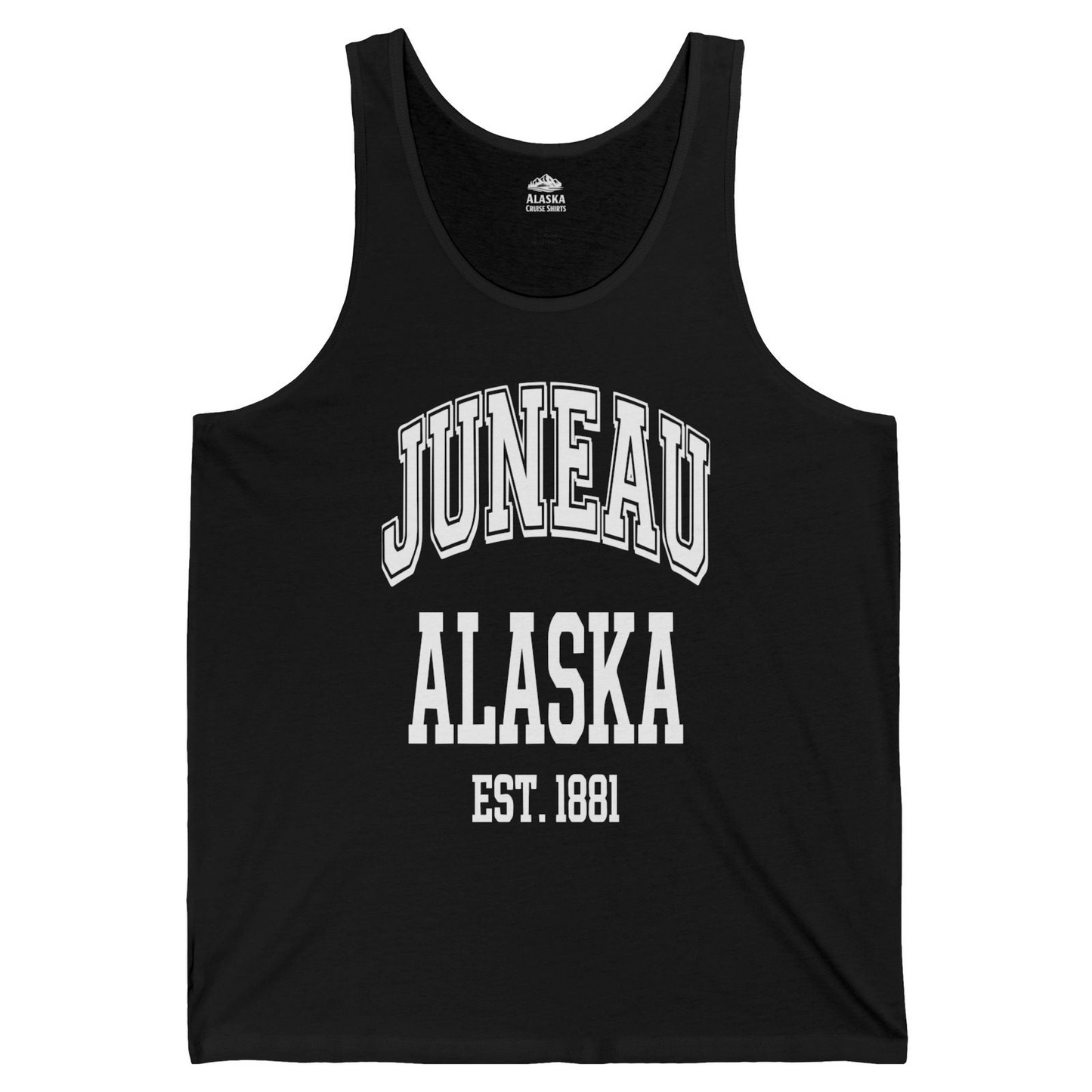 Juneau Alaska Est 1881 Classic Collegiate Souvenir Shirt — Tank Top Tank Top – Black – Alaska Cruise Shirts