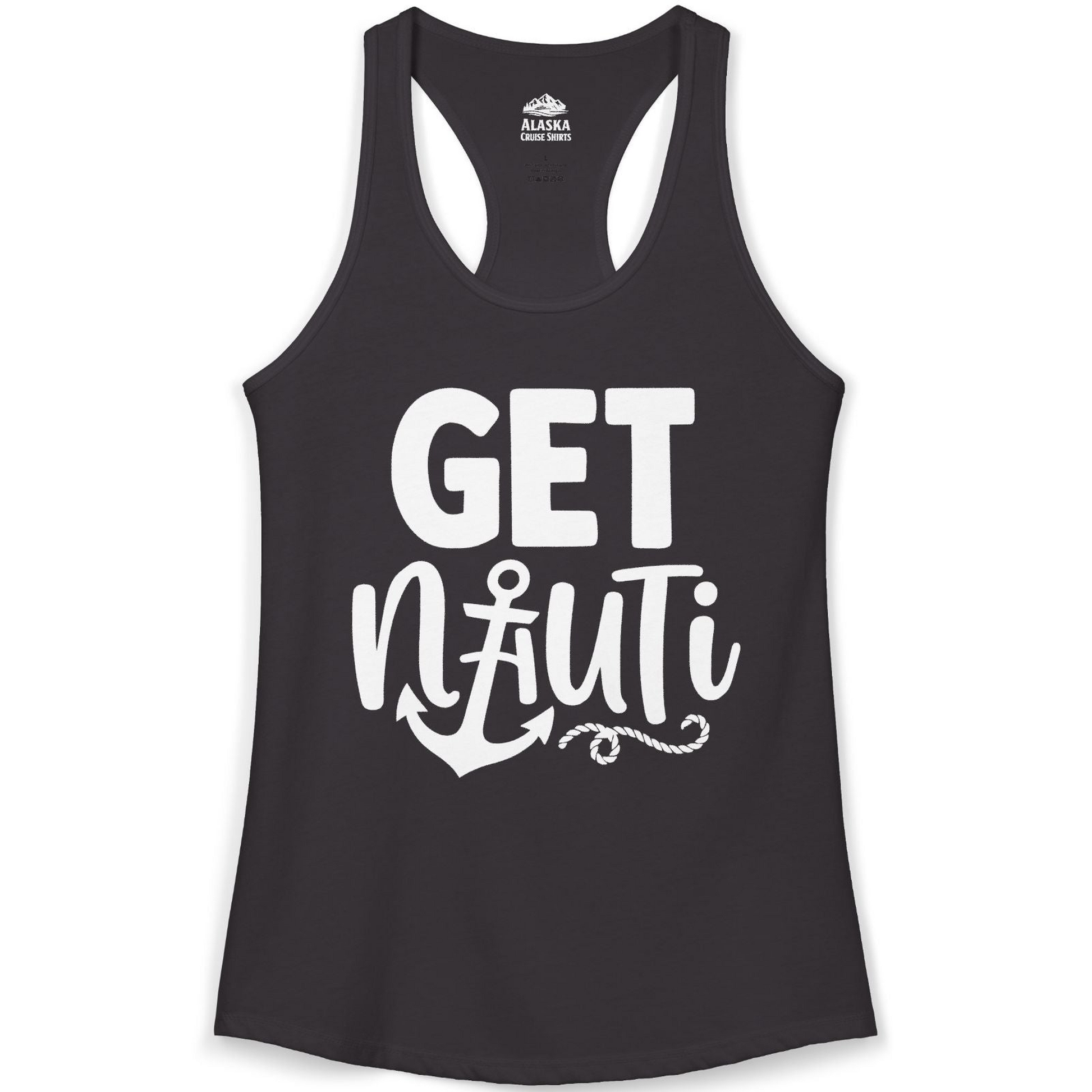 Get Nauti Nautical Pun Shirt with Anchor and Rope Graphic — Ladies Tank Tank Top – Black – Alaska Cruise Shirts