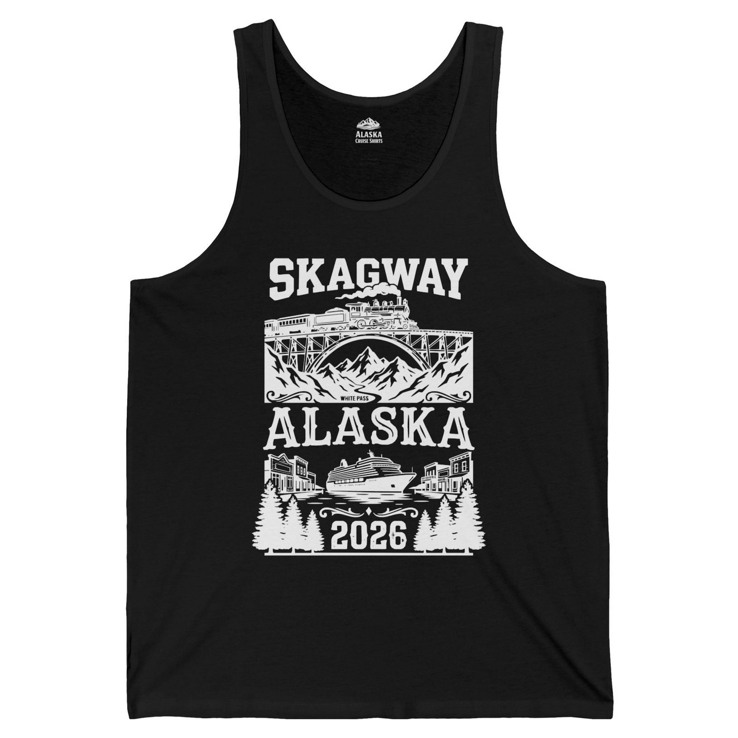 Skagway Alaska Cruise 2026 Shirt with Train and Mountains — Tank Top Tank Top – Black – Alaska Cruise Shirts