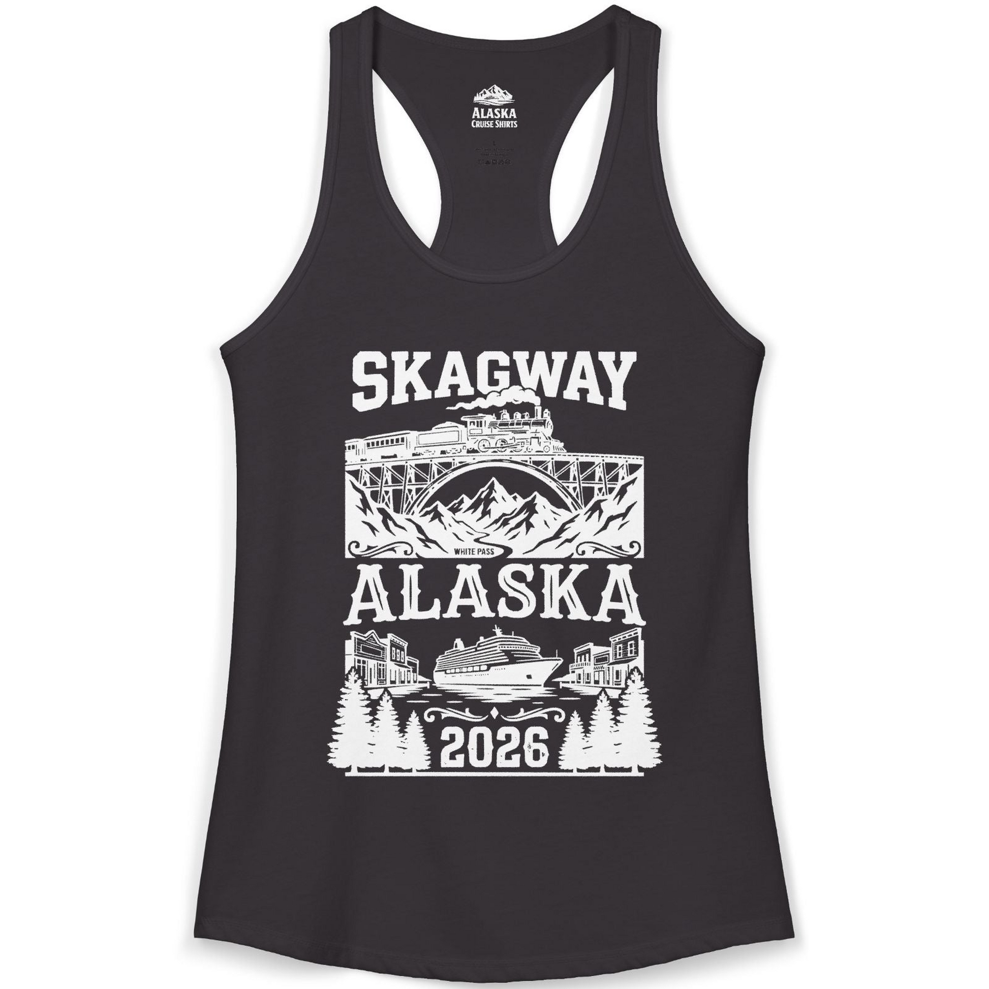 Skagway Alaska Cruise 2026 Shirt with Train and Mountains — Ladies Tank Tank Top – Black – Alaska Cruise Shirts