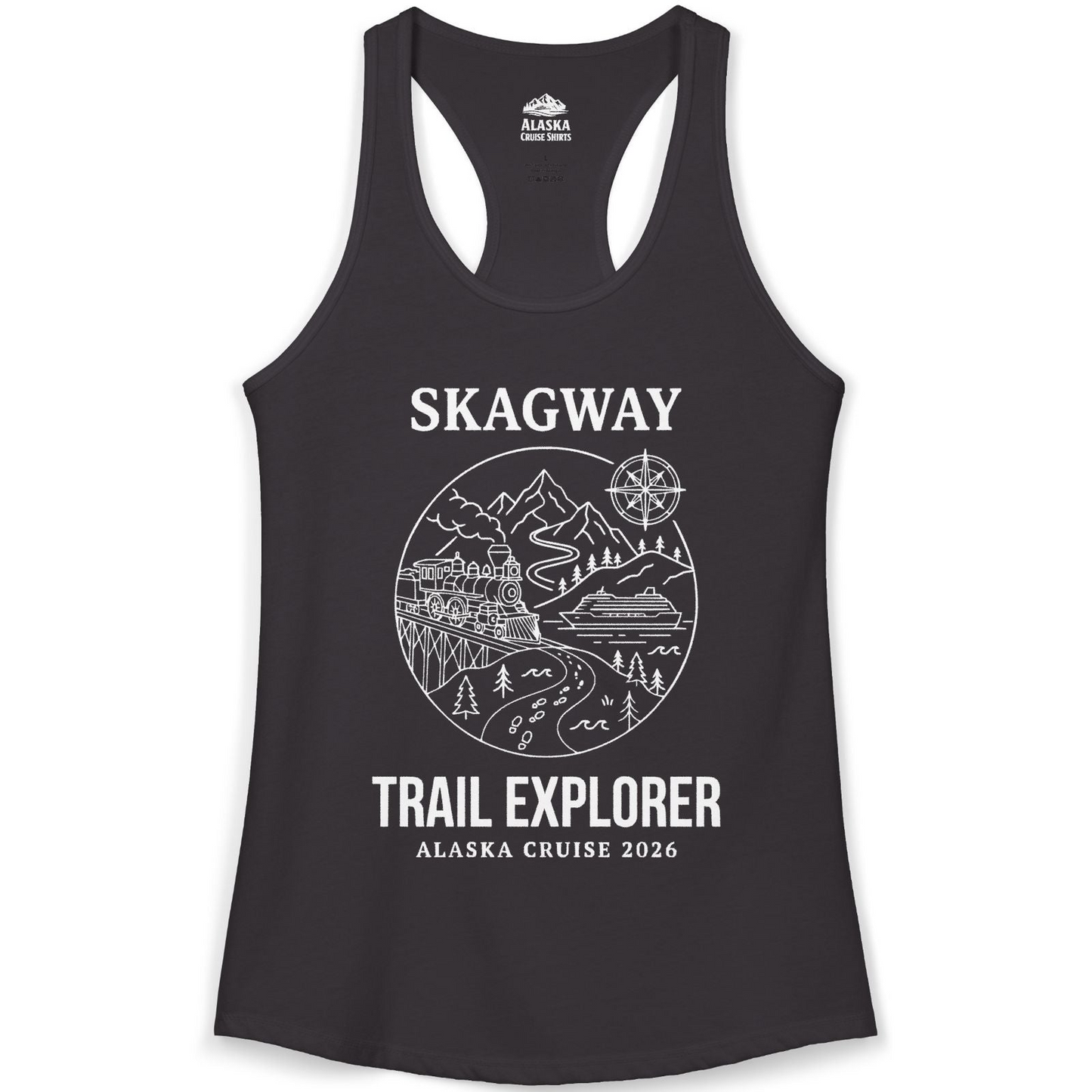 Skagway Trail Explorer Alaska Cruise Scenic Adventure Shirt — Ladies Tank Tank Top – Black – Alaska Cruise Shirts