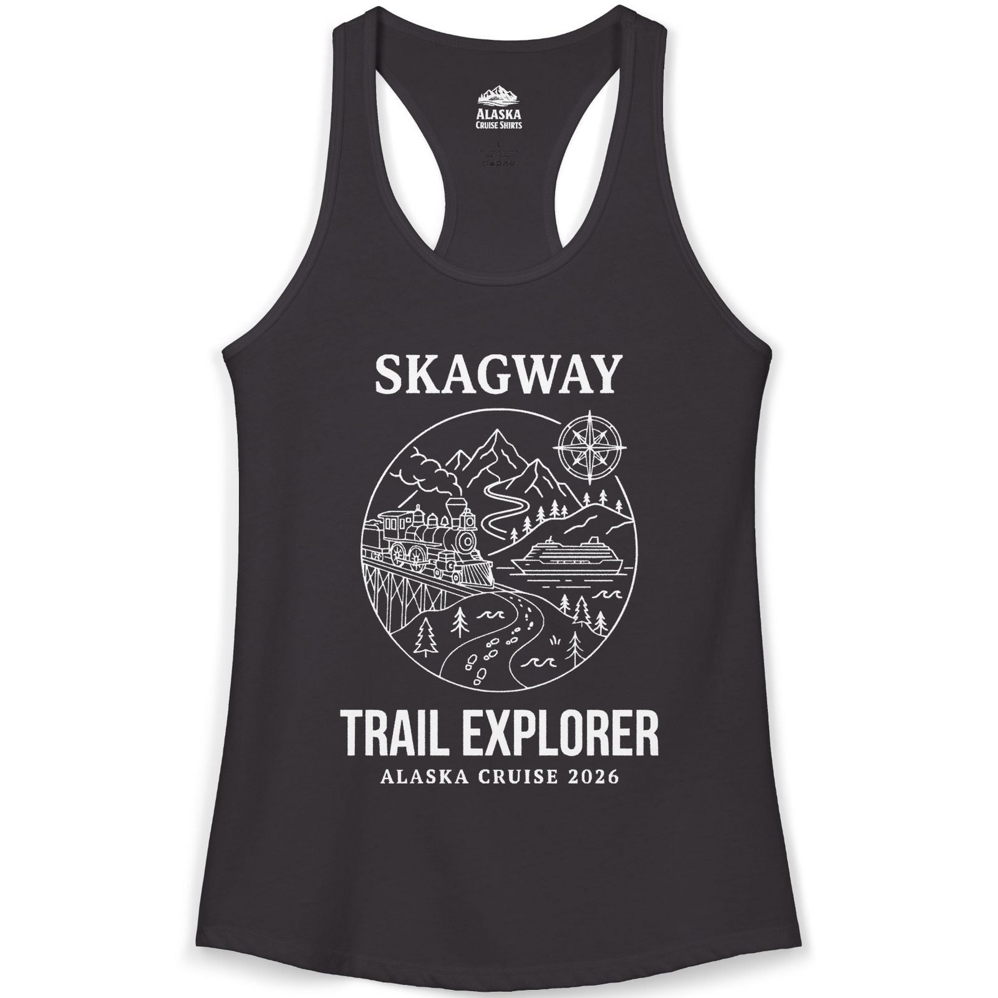 Skagway Trail Explorer Alaska Cruise Scenic Adventure Shirt — Ladies Tank Tank Top – Black – Alaska Cruise Shirts
