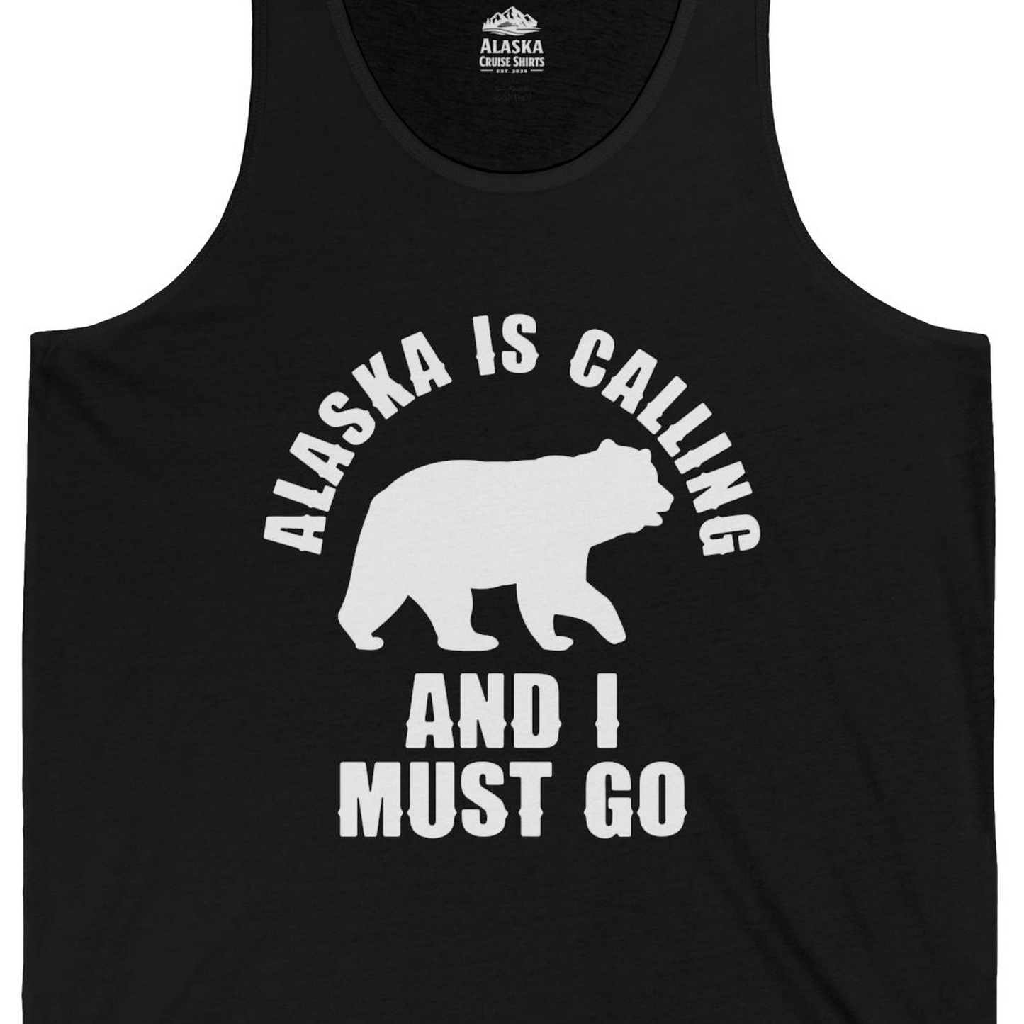 Alaska Is Calling Bear Silhouette Adventure Shirt Tank Top – Black – Alaska Cruise Shirts Close Up