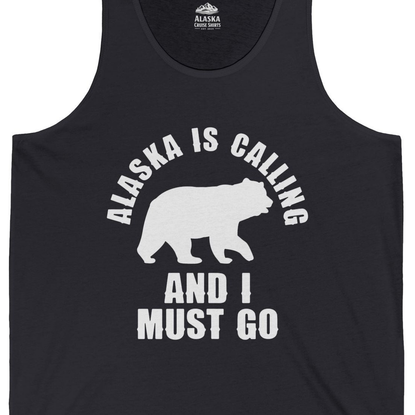 Alaska Is Calling Bear Silhouette Adventure Shirt Tank Top – Dark Grey – Alaska Cruise Shirts Close Up