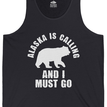 Alaska Is Calling Bear Silhouette Adventure Shirt Tank Top – Dark Grey – Alaska Cruise Shirts Close Up