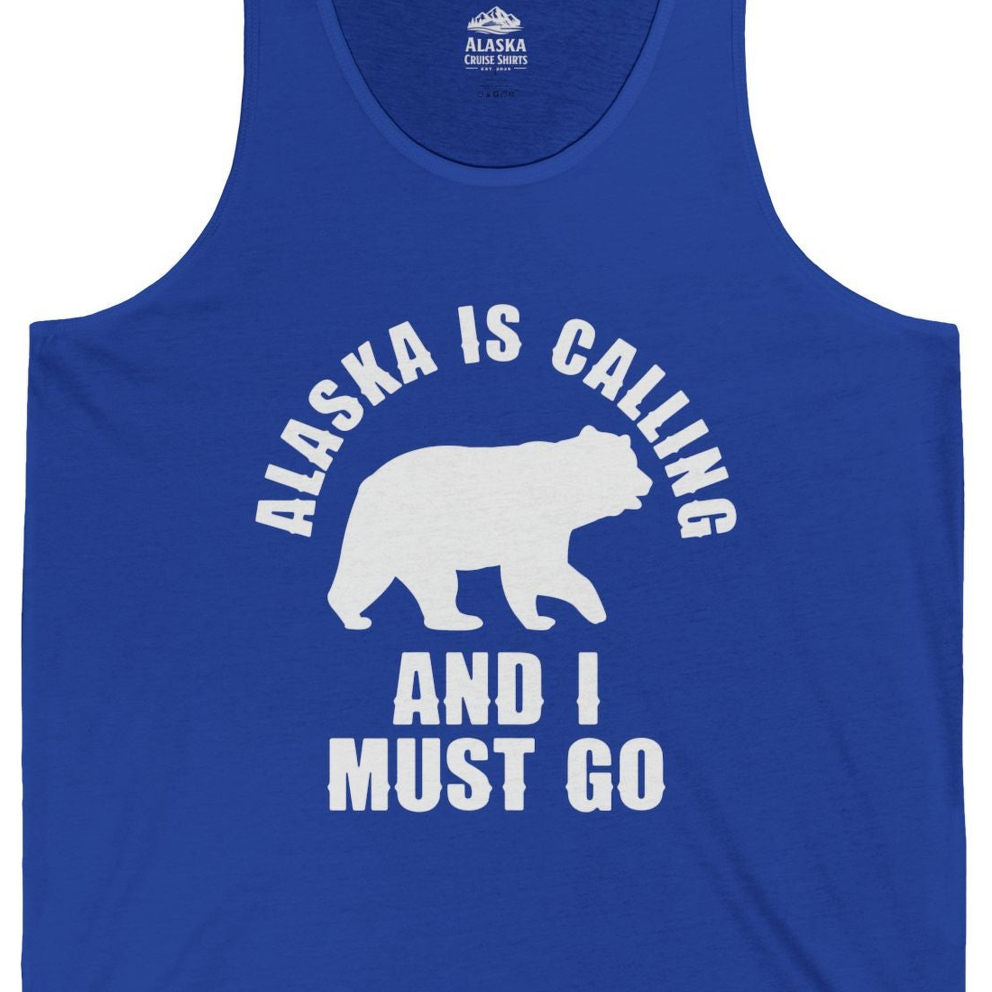 Alaska Is Calling Bear Silhouette Adventure Shirt Tank Top – True Royal – Alaska Cruise Shirts Close Up