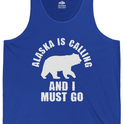 Alaska Is Calling Bear Silhouette Adventure Shirt Tank Top – True Royal – Alaska Cruise Shirts Close Up