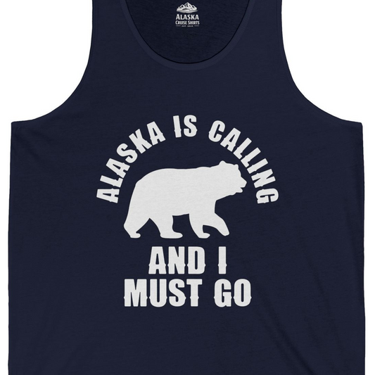 Alaska Is Calling Bear Silhouette Adventure Shirt Tank Top – Navy – Alaska Cruise Shirts Close Up