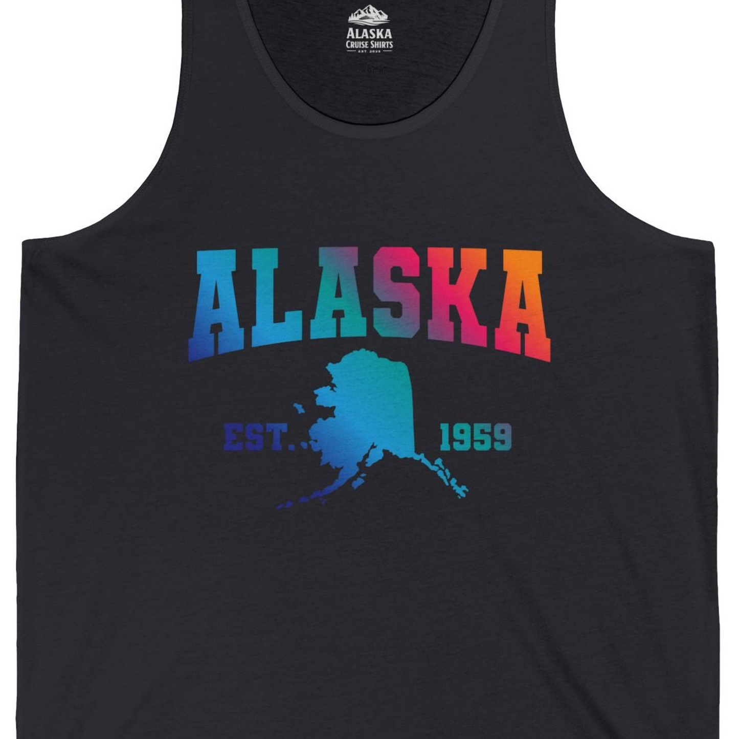 Retro Alaska Est 1959 Shirt Tank Top – Dark Grey – Alaska Cruise Shirts Close Up