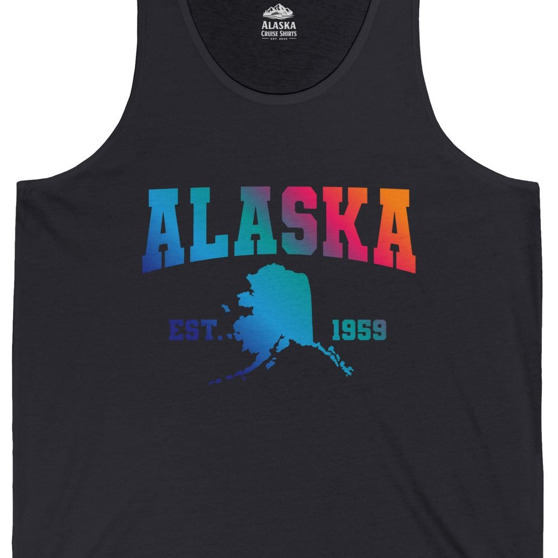Retro Alaska Est 1959 Shirt Tank Top – Dark Grey – Alaska Cruise Shirts Close Up