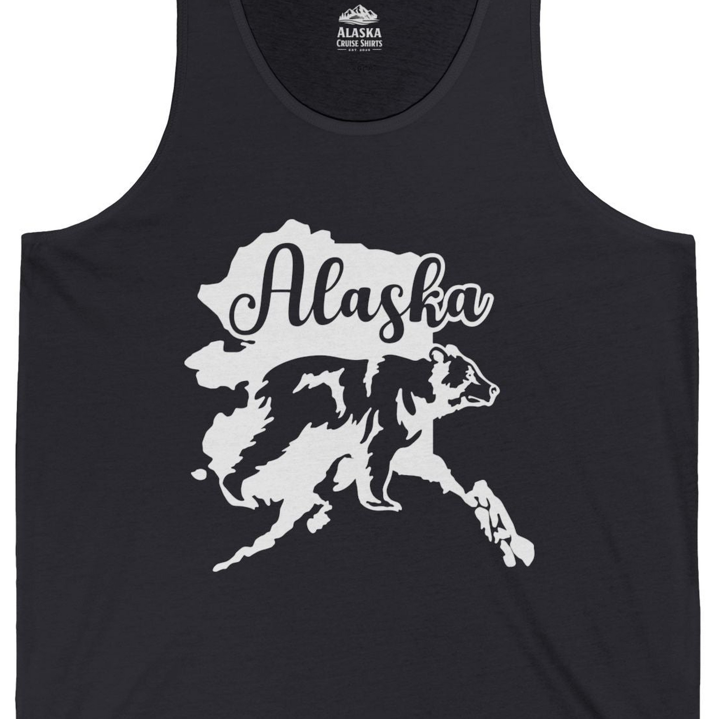 Alaska Bear Silhouette Shirt Tank Top – Dark Grey – Alaska Cruise Shirts Close Up