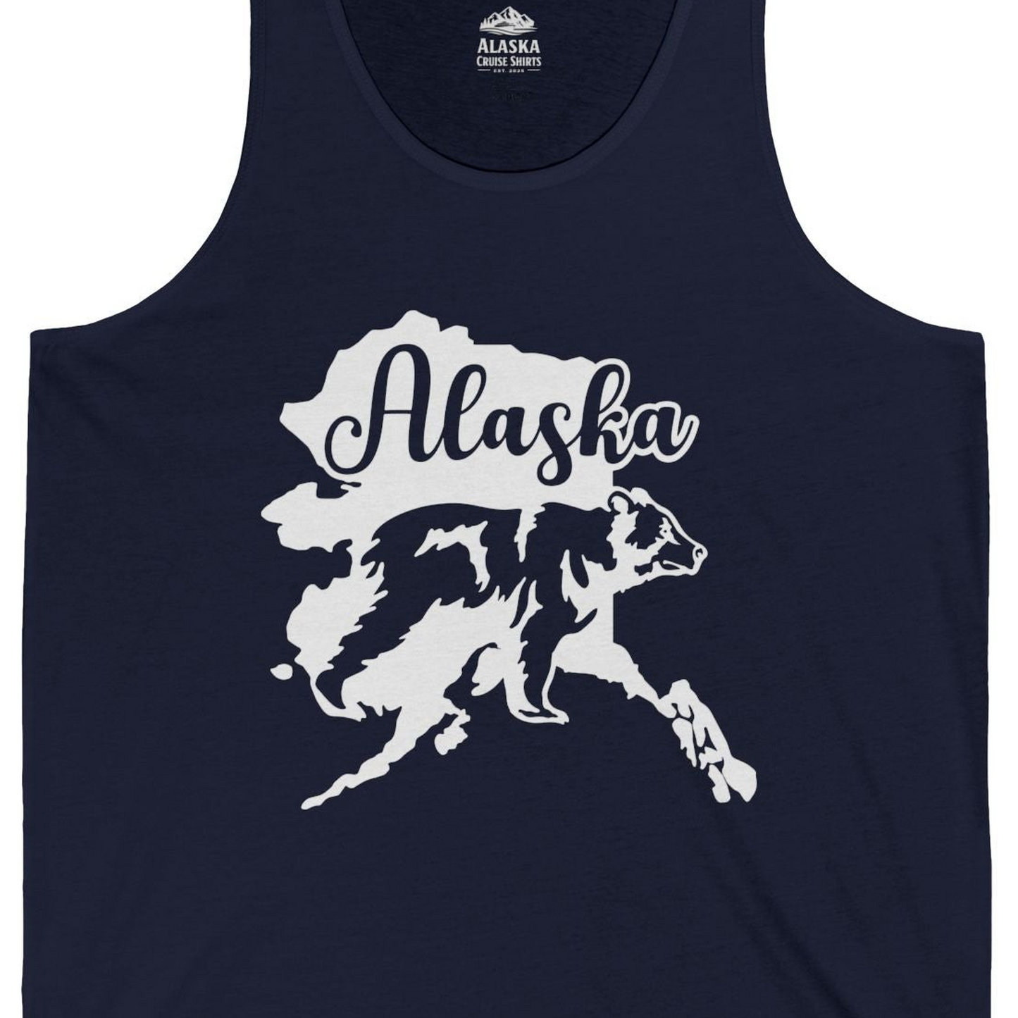Alaska Bear Silhouette Shirt Tank Top – Navy – Alaska Cruise Shirts Close Up