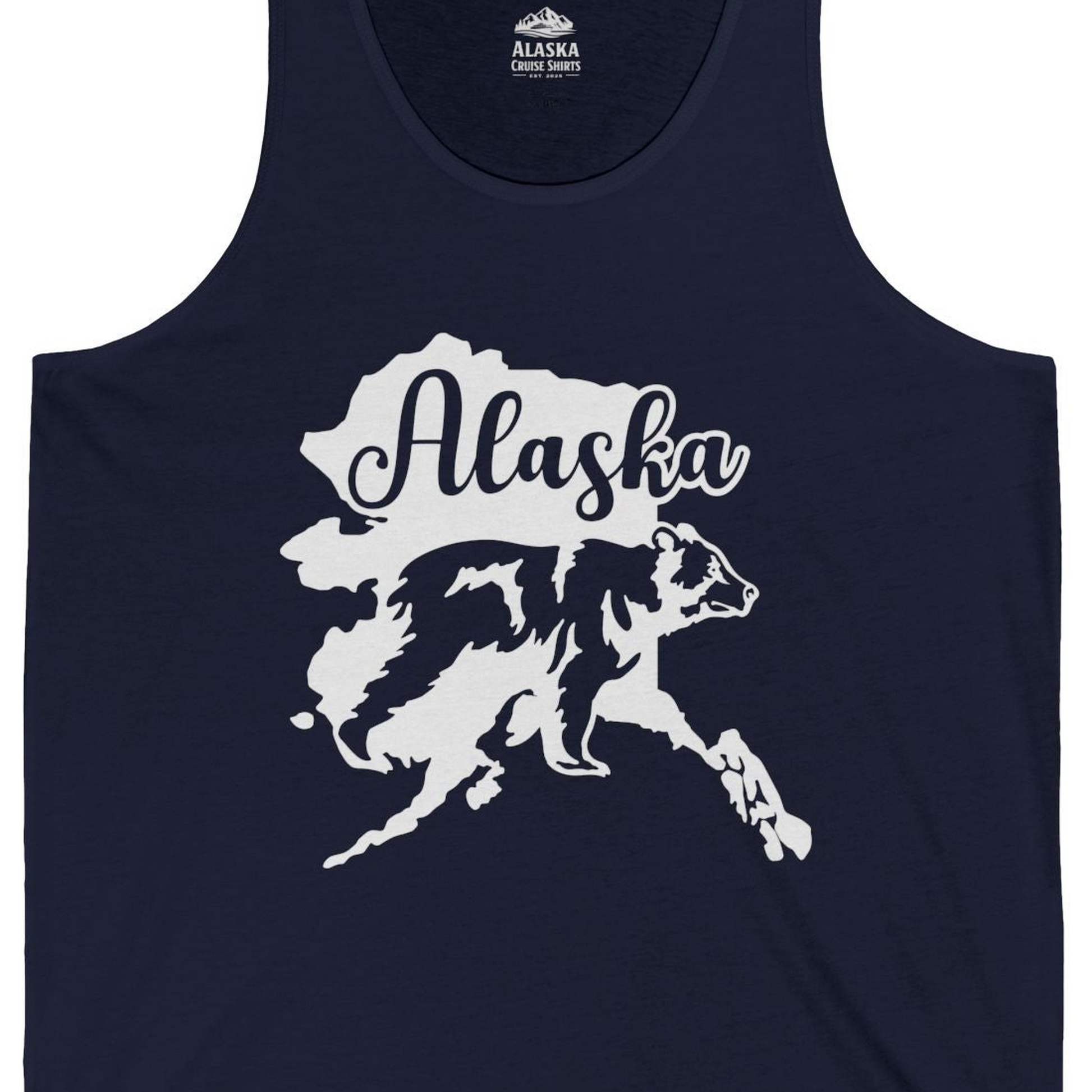 Alaska Bear Silhouette Shirt Tank Top – Navy – Alaska Cruise Shirts Close Up