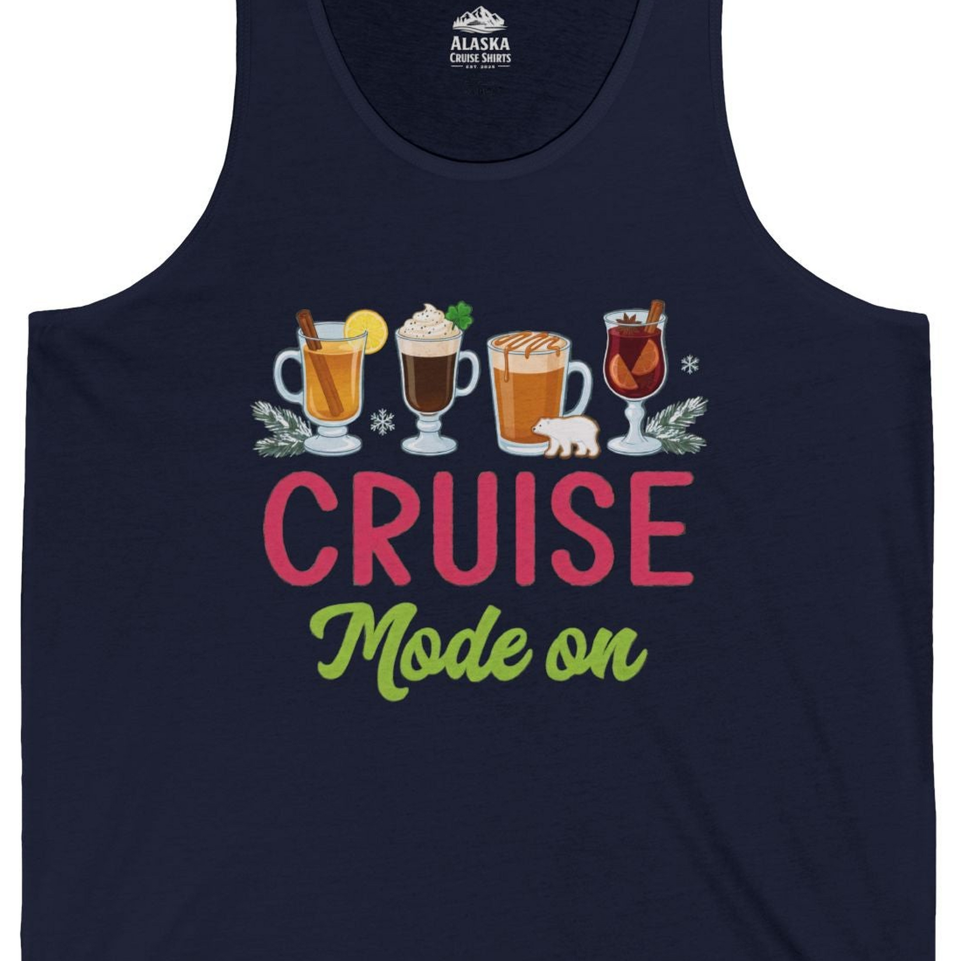 Cruise Mode On Shirt Tank Top – Navy – Alaska Cruise Shirts Close Up