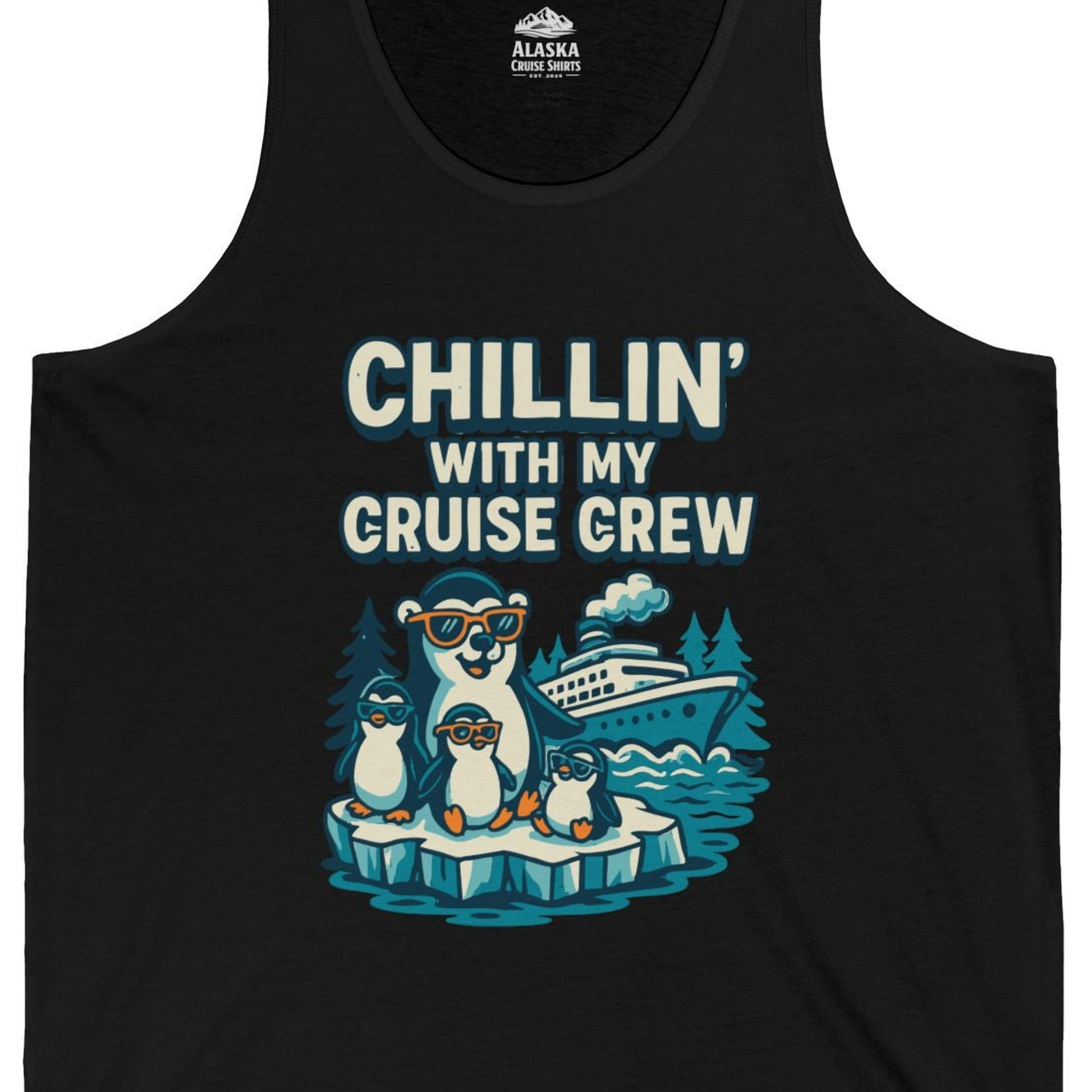 Chillin With My Cruise Crew Cute Penguins Alaska Cartoon Shirt — Tank Top Tank Top – Black – Alaska Cruise Shirts Close Up