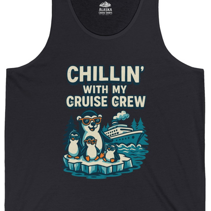 Chillin With My Cruise Crew Cute Penguins Alaska Cartoon Shirt — Tank Top Tank Top – Dark Grey – Alaska Cruise Shirts Close Up