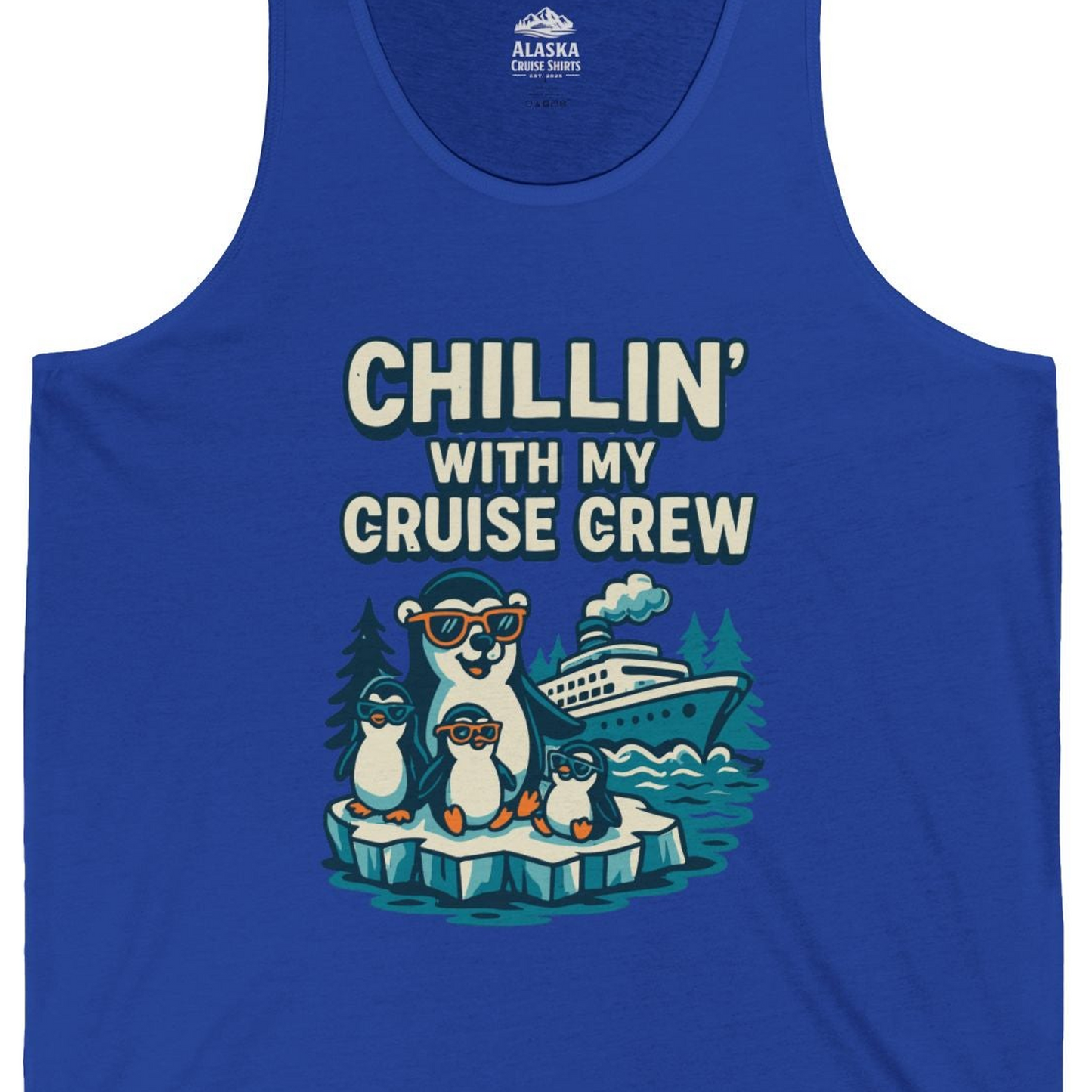 Chillin With My Cruise Crew Cute Penguins Alaska Cartoon Shirt — Tank Top Tank Top – True Royal – Alaska Cruise Shirts Close Up