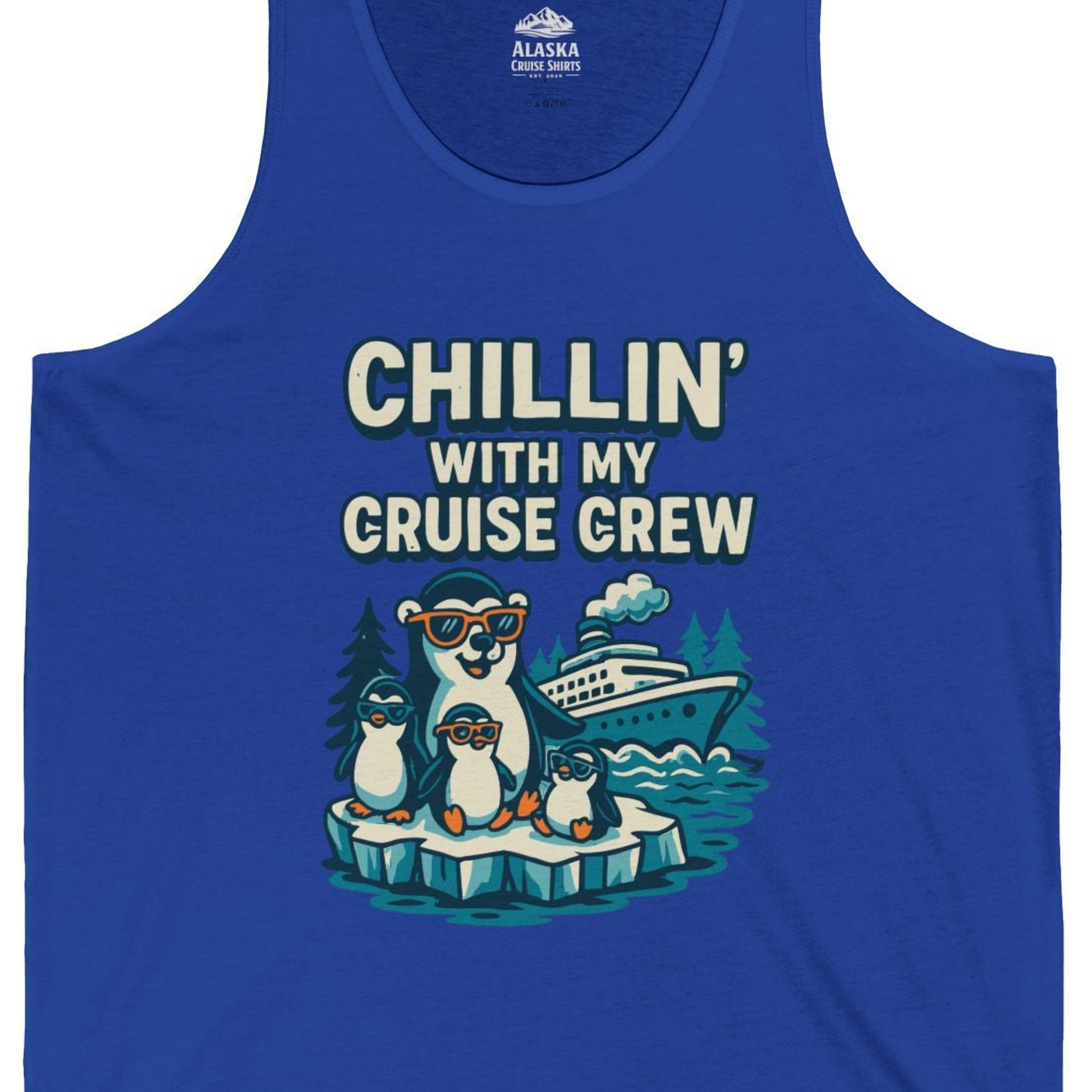 Chillin With My Cruise Crew Cute Penguins Alaska Cartoon Shirt — Tank Top Tank Top – True Royal – Alaska Cruise Shirts Close Up