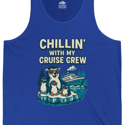 Chillin With My Cruise Crew Cute Penguins Alaska Cartoon Shirt — Tank Top Tank Top – True Royal – Alaska Cruise Shirts Close Up