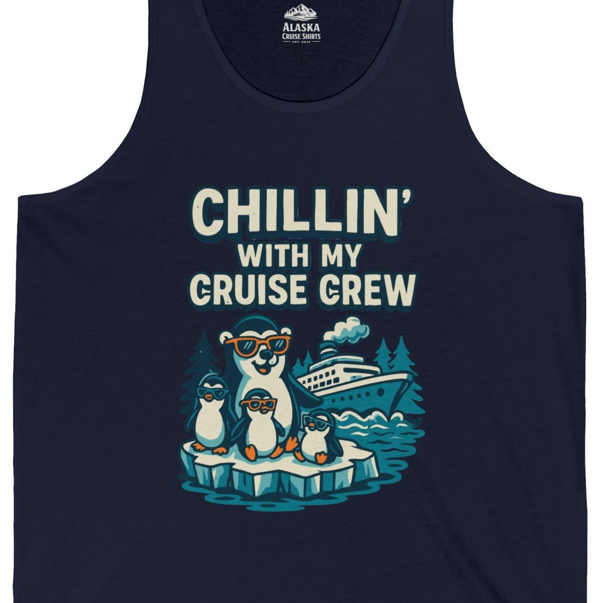 Chillin With My Cruise Crew Cute Penguins Alaska Cartoon Shirt — Tank Top Tank Top – Navy – Alaska Cruise Shirts Close Up