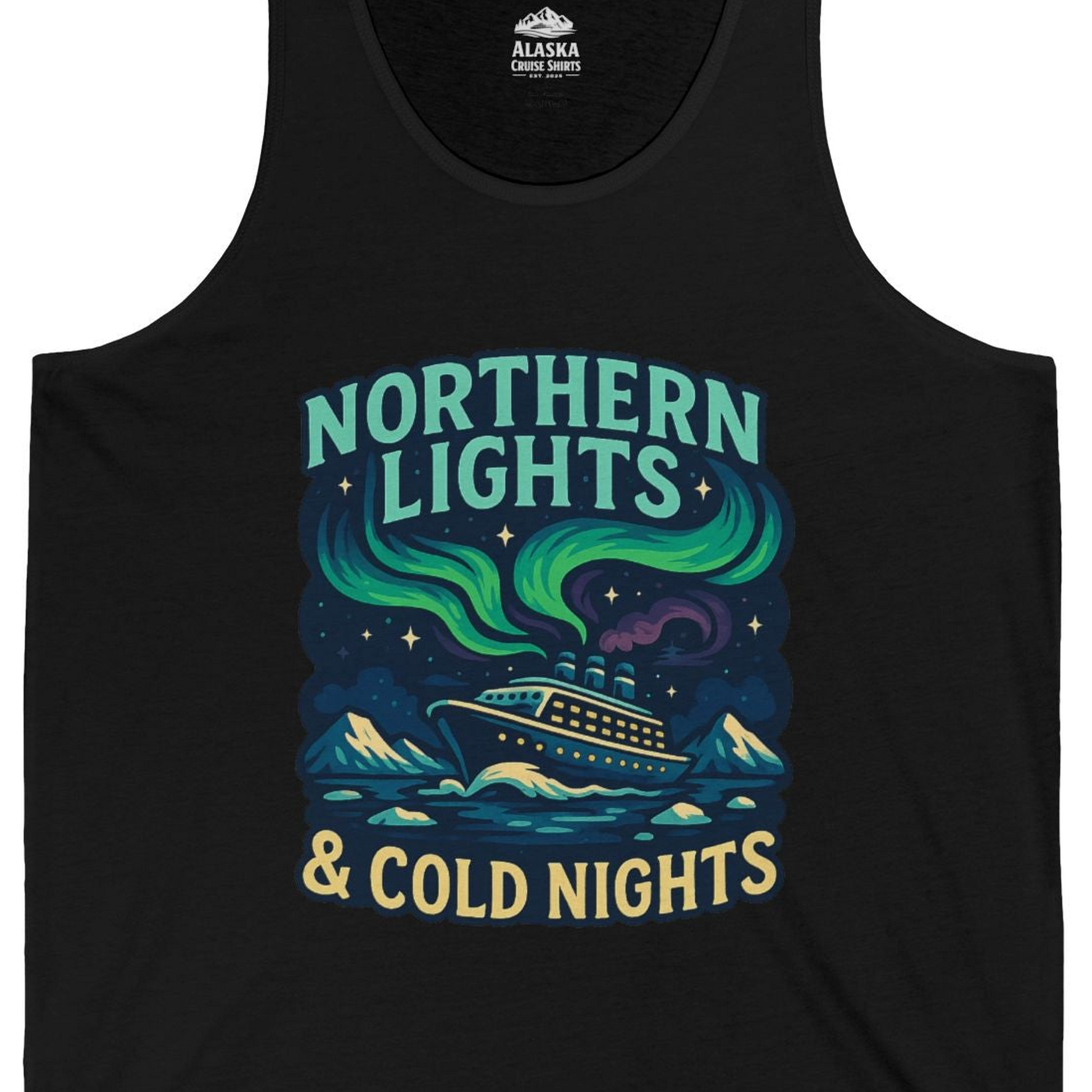 Northern Lights Alaska Cruise Ship Night Adventure Travel Shirt — Tank Top Tank Top – Black – Alaska Cruise Shirts Close Up