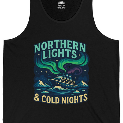 Northern Lights Alaska Cruise Ship Night Adventure Travel Shirt — Tank Top Tank Top – Black – Alaska Cruise Shirts Close Up