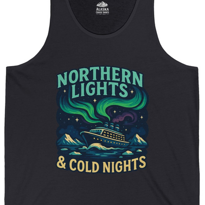 Northern Lights Alaska Cruise Ship Night Adventure Travel Shirt — Tank Top Tank Top – Dark Grey – Alaska Cruise Shirts Close Up