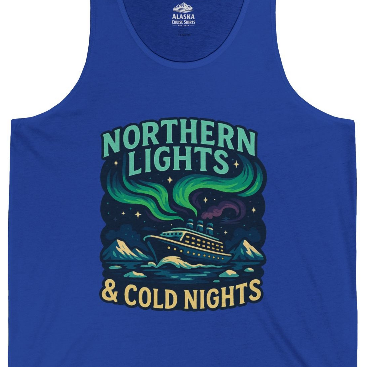 Northern Lights Alaska Cruise Ship Night Adventure Travel Shirt — Tank Top Tank Top – True Royal – Alaska Cruise Shirts Close Up