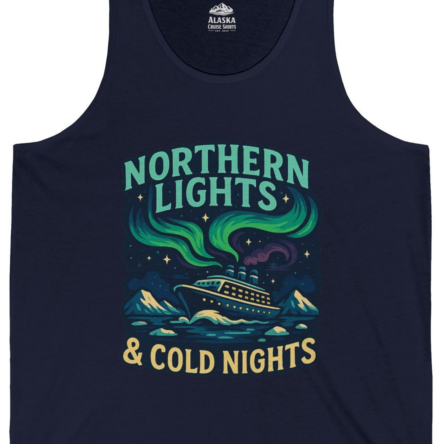Northern Lights Alaska Cruise Ship Night Adventure Travel Shirt — Tank Top Tank Top – Navy – Alaska Cruise Shirts Close Up