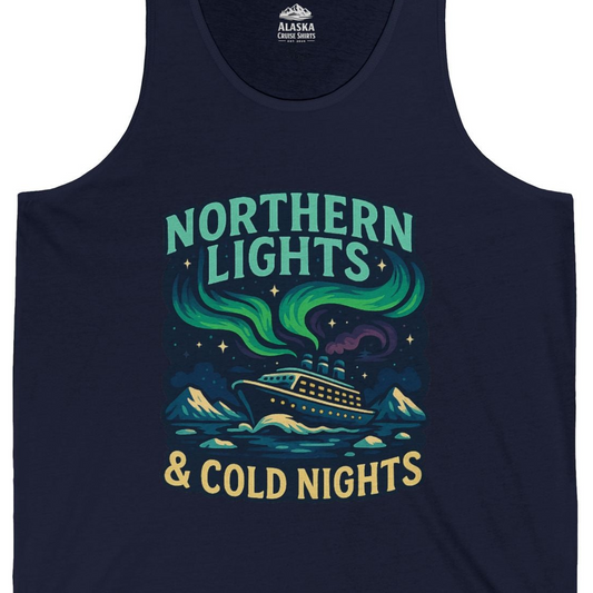 Northern Lights Alaska Cruise Ship Night Adventure Travel Shirt — Tank Top Tank Top – Navy – Alaska Cruise Shirts Close Up