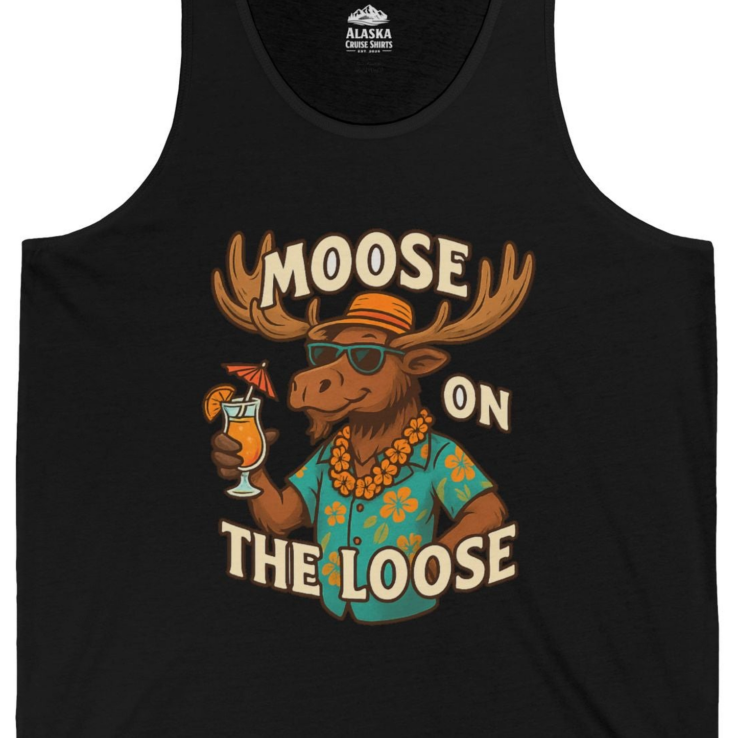 Moose On The Loose Funny Tropical Cartoon Vacation Shirt — Tank Top Tank Top – Black – Alaska Cruise Shirts Close Up