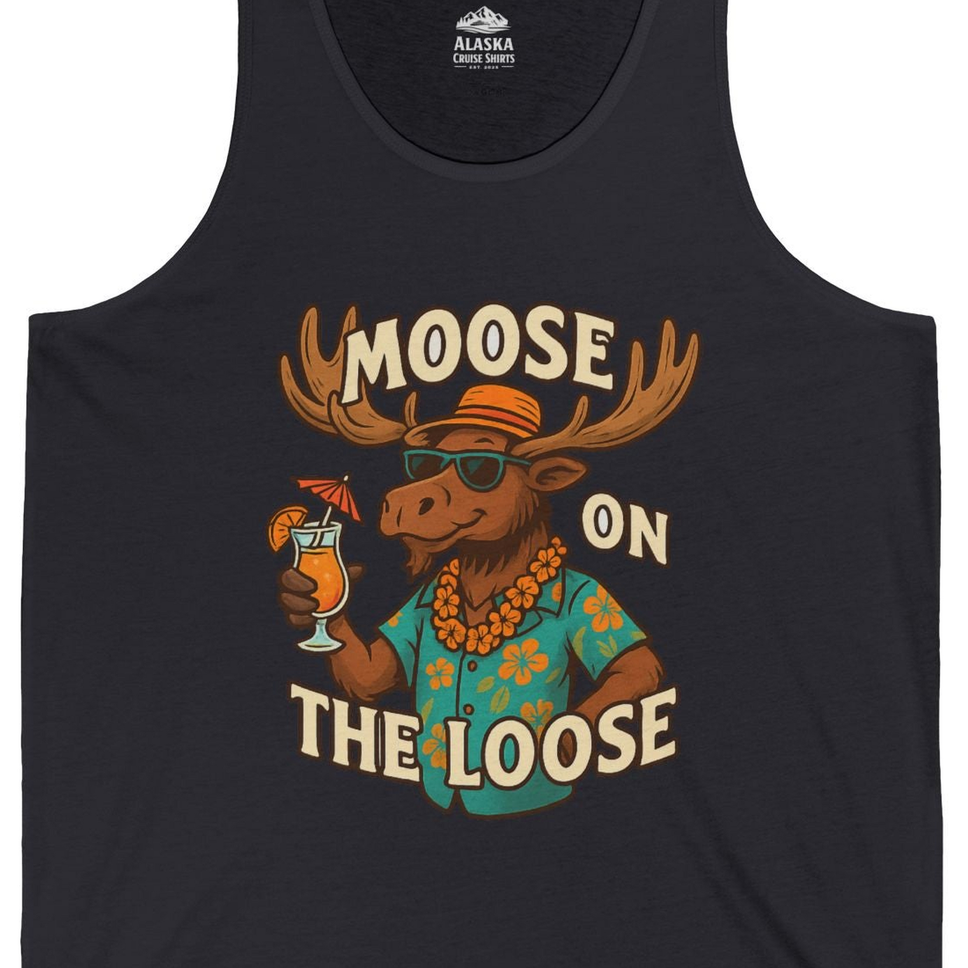 Moose On The Loose Funny Tropical Cartoon Vacation Shirt — Tank Top Tank Top – Dark Grey – Alaska Cruise Shirts Close Up
