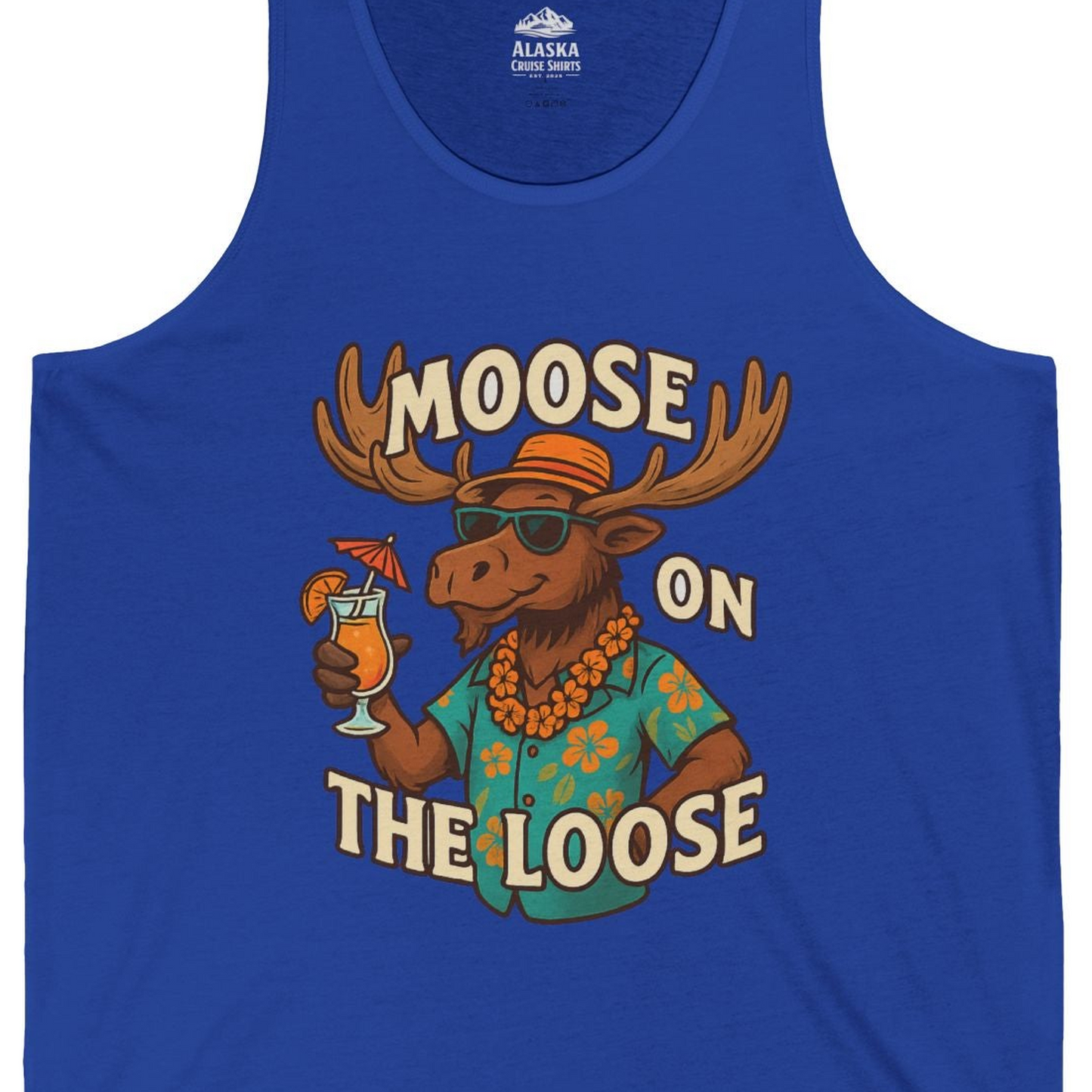 Moose On The Loose Funny Tropical Cartoon Vacation Shirt — Tank Top Tank Top – True Royal – Alaska Cruise Shirts Close Up