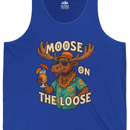 Moose On The Loose Funny Tropical Cartoon Vacation Shirt — Tank Top Tank Top – True Royal – Alaska Cruise Shirts Close Up