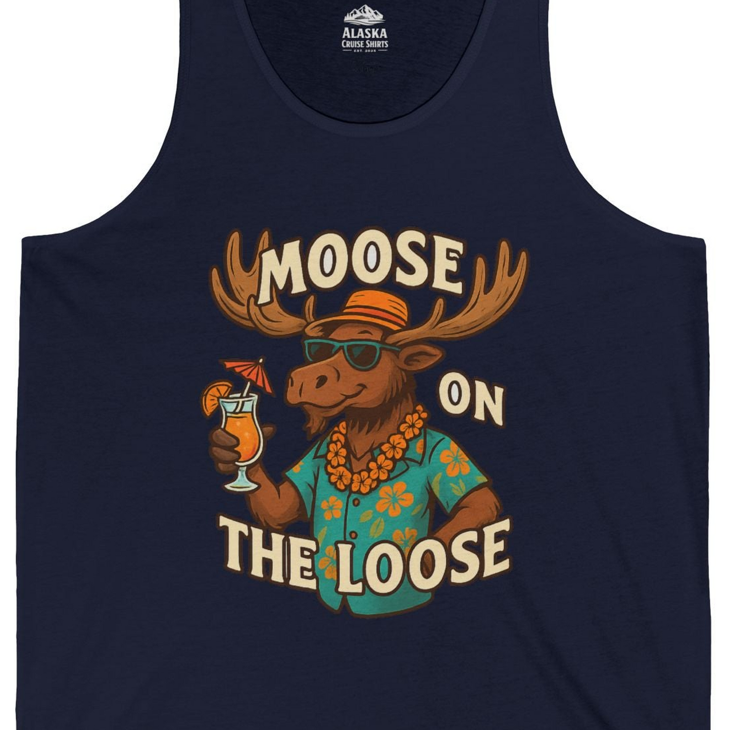 Moose On The Loose Funny Tropical Cartoon Vacation Shirt — Tank Top Tank Top – Navy – Alaska Cruise Shirts Close Up