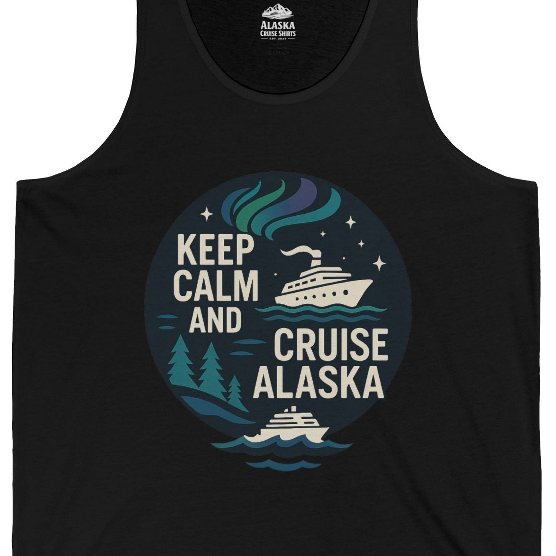 Keep Calm Cruise Alaska Shirt Tank Top – Black – Alaska Cruise Shirts Close Up